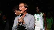 Oregon coach Dana Altman gathers his team together before the start of their game against UC Riverside at Matthew Knight Arena in Eugene Monday, Nov. 4, 2024.