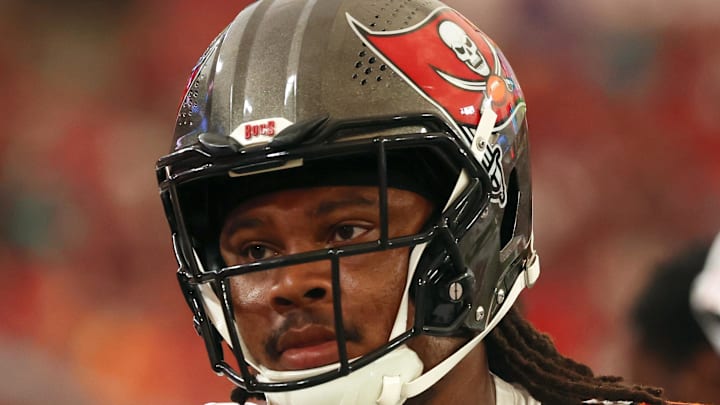 Aug 23, 2024; Tampa, Florida, USA;  Tampa Bay Buccaneers defensive end Mike Greene (91) against the Miami Dolphins during the first quarter at Raymond James Stadium. Mandatory Credit: Kim Klement Neitzel-Imagn Images