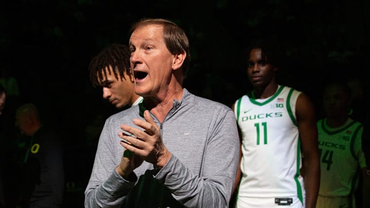 Oregon coach Dana Altman gathers his team together before the start of their game against UC Riverside at Matthew Knight Arena in Eugene Monday, Nov. 4, 2024. Oregon coach Dana Altman gathers his team together before the start of their game against UC Riverside at Matthew Knight Arena in Eugene Monday, Nov. 4, 2024.