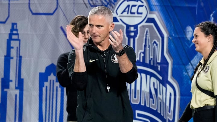 Dec 2, 2023; Charlotte, NC, USA; Florida State Seminoles head coach Mike Norvell during warm ups against the Louisville Cardinals at Bank of America Stadium. Mandatory Credit: Jim Dedmon-USA TODAY Sports