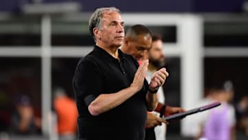 Jul 26, 2023; Foxborough, MA, USA; New England Revolution head coach Bruce Arena claps on the sideline during the second half against Club Atletico de San Luis at Gillette Stadium. Mandatory Credit: Eric Canha-Imagn Images