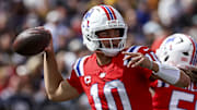 Sep 21, 2025; Foxborough, Massachusetts, USA; New England Patriots quarterback Drake Maye (10) looks to pass the ball during the first quarter at Gillette Stadium. Mandatory Credit: Paul Rutherford-Imagn Images
