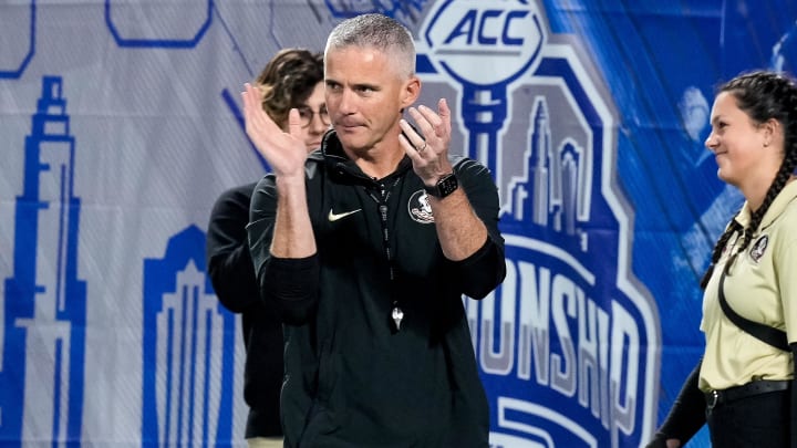Dec 2, 2023; Charlotte, NC, USA; Florida State Seminoles head coach Mike Norvell during warm ups against the Louisville Cardinals at Bank of America Stadium. Mandatory Credit: Jim Dedmon-USA TODAY Sports