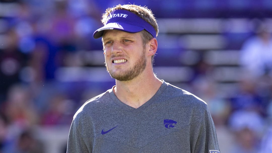 Kansas State Wildcats coach Collin Klein watches the team warm up before the start of a game against the South Dakota Coyotes at Bill Snyder Family Football Stadium. 