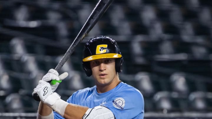 Jul 1, 2024; Phoenix, AZ, USA; Eastside High School infielder Peter Mershon during the Perfect Game National Showcase high school baseball game at Chase Field. Mandatory Credit: Mark J. Rebilas-USA TODAY Sports