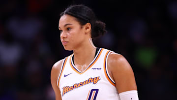 Aug 28, 2025; Phoenix, Arizona, USA; Phoenix Mercury forward Satou Sabally (0) against the Chicago Sky at Phx Arena. Mandatory Credit: Mark J. Rebilas-Imagn Images