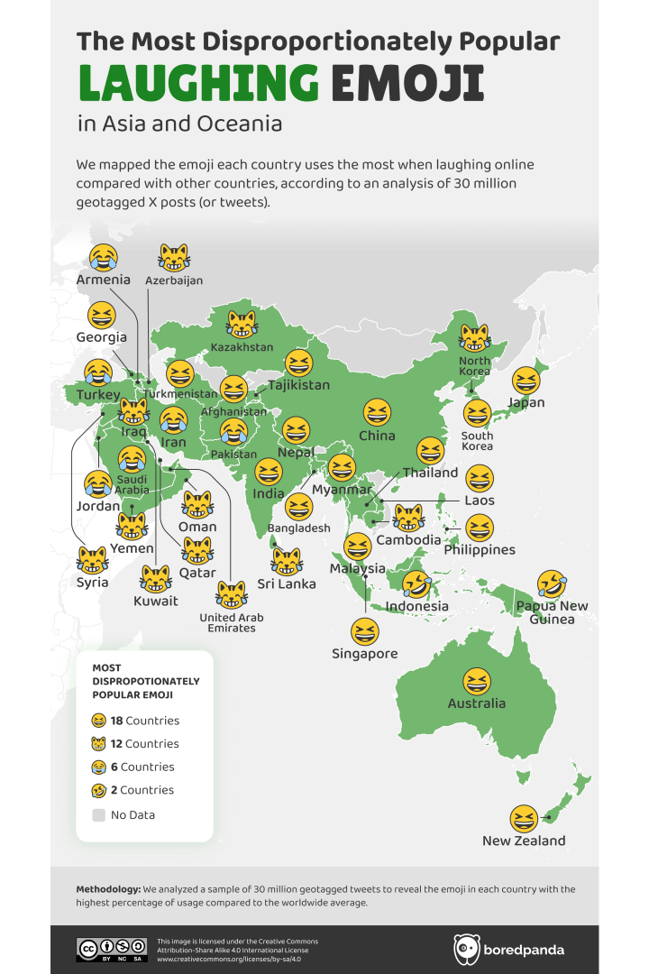 Map showing laughing emoji use in Asia and Oceania