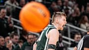 Michigan State forward Jaxon Kohler (0) celebrates a three point basket against Auburn during the first half of the Elite Eight round of NCAA tournament at State Farm Arena in Atlanta, Ga. on Sunday, March 30, 2025.