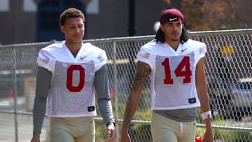 FSU football players walk into the first spring practice of the spring season on Wednesday, March 19, 2025