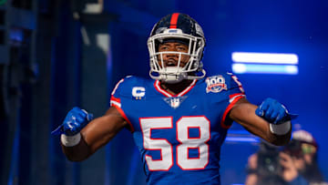 New York Giants linebacker Bobby Okereke (58) runs onto the field to start the game between the New York Giants and the Washington Commanders at MetLife Stadium in East Rutherford on Sunday, Nov. 3, 2024.