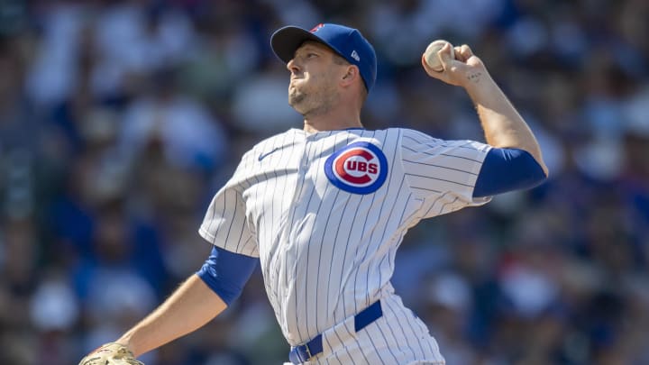 Aug 17, 2024; Chicago, Illinois, USA; Chicago Cubs relief pitcher Drew Smyly (11) pitches during the seventh inning against the Toronto Blue Jays at Wrigley Field. Mandatory Credit: Patrick Gorski-USA TODAY Sports