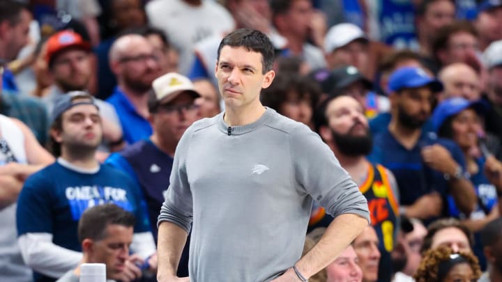 May 11, 2024; Dallas, Texas, USA; Oklahoma City Thunder head coach Mark Daigneault  reacts during the second half against the Dallas Mavericks during game three of the second round for the 2024 NBA playoffs at American Airlines Center. Mandatory Credit: Kevin Jairaj-USA TODAY Sports