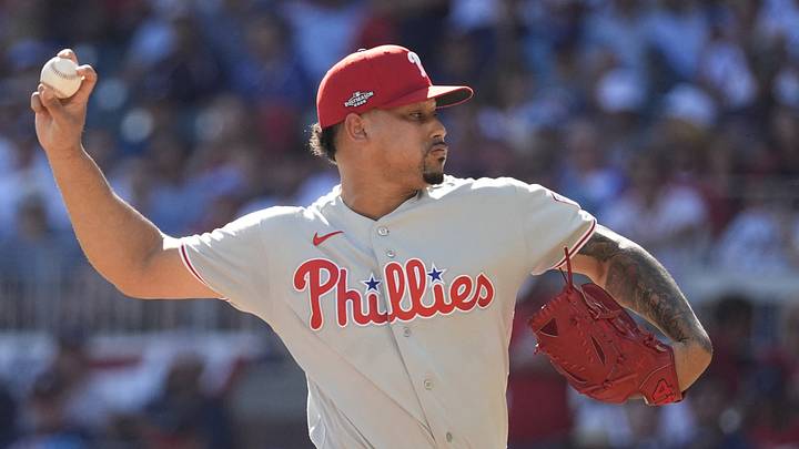Sep 29, 2026; Cumberland, Georgia, USA;  Philadelphia Phillies pitcher Jhoan Duran (59) throws a pitch against the Atlanta Braves in the seventh inning during game one of the Wildcard round for the 2026 MLB Playoffs at Truist Park.  Mandatory Credit: Dale Zanine-Imagn Images
