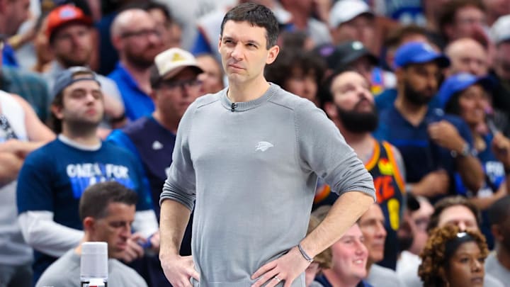 May 11, 2024; Dallas, Texas, USA; Oklahoma City Thunder head coach Mark Daigneault  reacts during the second half against the Dallas Mavericks during game three of the second round for the 2024 NBA playoffs at American Airlines Center. Mandatory Credit: Kevin Jairaj-Imagn Images