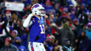 Jan 21, 2024; Orchard Park, New York, USA; Buffalo Bills quarterback Josh Allen (17) reacts after a touchdown against the Kansas City Chiefs during the first half for the 2024 AFC divisional round game at Highmark Stadium. Mandatory Credit: Mark J. Rebilas-USA TODAY Sports