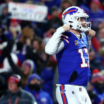 Jan 21, 2024; Orchard Park, New York, USA; Buffalo Bills quarterback Josh Allen (17) reacts after a touchdown against the Kansas City Chiefs during the first half for the 2024 AFC divisional round game at Highmark Stadium. Mandatory Credit: Mark J. Rebilas-USA TODAY Sports