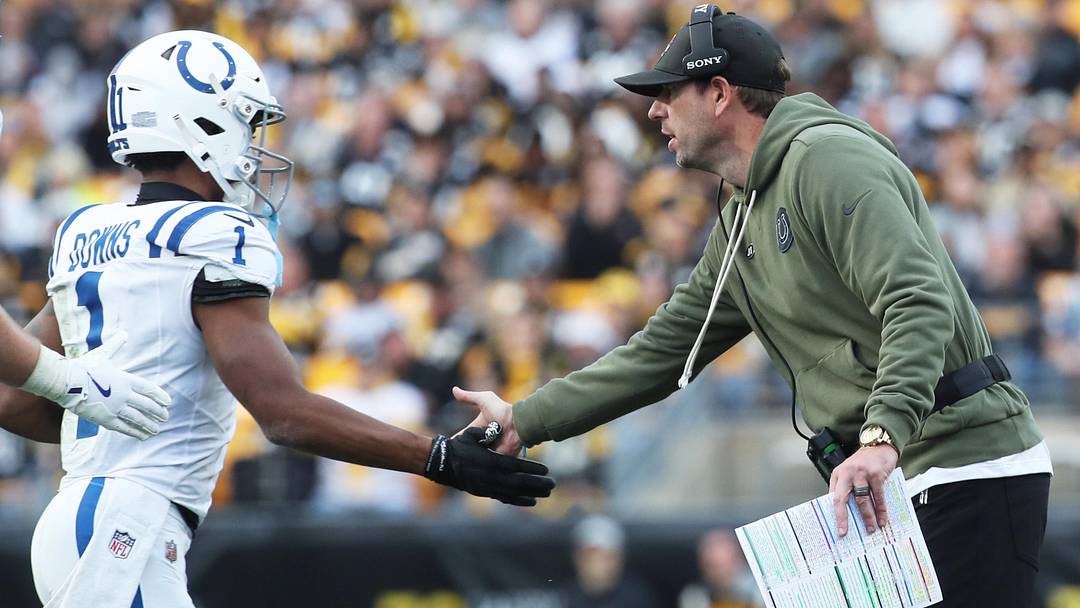 Nov 2, 2025; Pittsburgh, Pennsylvania, USA;  Indianapolis Colts head coach Shane Steichen (right) congratulates wide receiver Josh Downs (1) on his touchdown against the Pittsburgh Steelers during the fourth quarter at Acrisure Stadium. Mandatory Credit: Charles LeClaire-Imagn Images