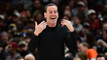 Feb 21, 2025; Cleveland, Ohio, USA;  Cleveland Cavaliers head coach Kenny Atkinson reacts during the second half against the New York Knicks at Rocket Arena. Mandatory Credit: Ken Blaze-Imagn Images