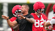 Ohio State Buckeyes offensive coordinator Brian Hartline works with wide receivers during the first football practice of the season at the Woody Hayes Athletic Center on July 31, 2025.