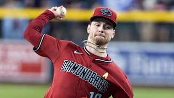 Sep 7, 2025; Phoenix, Arizona, USA; Arizona Diamondbacks pitcher Ryne Nelson against the Boston Red Sox at Chase Field. Mandatory Credit: Mark J. Rebilas-Imagn Images
