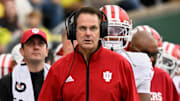 Oct 11, 2025; Eugene, Oregon, USA; Indiana Hoosiers head coach Curt Cignetti looks up at the scoreboard against the Oregon Ducks during the second quarter at Autzen Stadium. 