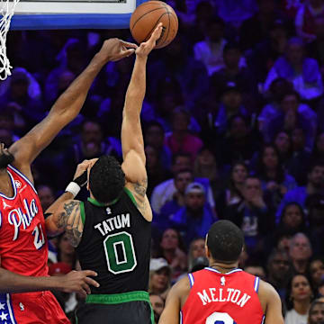 May 5, 2023; Philadelphia, Pennsylvania, USA; Philadelphia 76ers center Joel Embiid (21) blocks shot by Boston Celtics forward Jayson Tatum (0) during the second quarter of game three of the 2023 NBA playoff at Wells Fargo Center. Mandatory Credit: Eric Hartline-Imagn Images