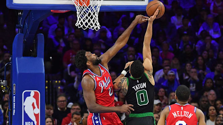 May 5, 2023; Philadelphia, Pennsylvania, USA; Philadelphia 76ers center Joel Embiid (21) blocks shot by Boston Celtics forward Jayson Tatum (0) during the second quarter of game three of the 2023 NBA playoff at Wells Fargo Center. Mandatory Credit: Eric Hartline-Imagn Images