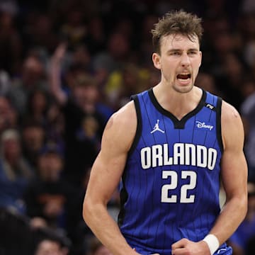 Mar 24, 2025; Orlando, Florida, USA; Orlando Magic forward Franz Wagner (22) reacts after a play against the Los Angeles Lakers in the fourth quarter at Kia Center. Mandatory Credit: Nathan Ray Seebeck-Imagn Images
