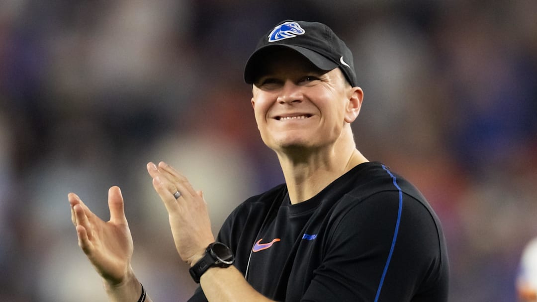 Dec 31, 2024; Glendale, AZ, USA; Boise State Broncos head coach Spencer Danielson reacts against the Penn State Nittany Lions during the Fiesta Bowl at State Farm Stadium.
