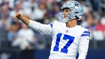 Dallas Cowboys place kicker Brandon Aubrey (17) kicks a field goal during the first quarter against the New Orleans Saints at AT&T Stadium.