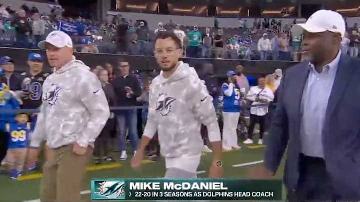 Miami Dolphins coach Mike McDaniel makes eye contact with the ESPN cameraman when walking along the sidelines. Miami Dolphins coach Mike McDaniel makes eye contact with the ESPN cameraman when walking along the sidelines.