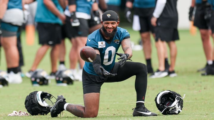 Jul 26, 2024; Jacksonville, FL, USA; Jacksonville Jaguars wide receiver Gabe Davis (0) participates in training camp at Miller Electric Center. Mandatory Credit: Nathan Ray Seebeck-USA TODAY Sports