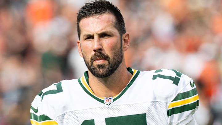 Sep 21, 2025; Cleveland, Ohio, USA; Green Bay Packers place kicker Brandon McManus (17) walks back to the locker room after the game against the Cleveland Browns at Huntington Bank Field.