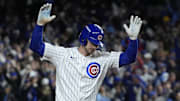 Oct 9, 2025; Chicago, Illinois, USA; Chicago Cubs right fielder Kyle Tucker (30) reacts after hitting a home run against the Milwaukee Brewers during the seventh inning for game four of the NLDS round for the 2025 MLB playoffs at Wrigley Field. Mandatory Credit: David Banks-Imagn Images