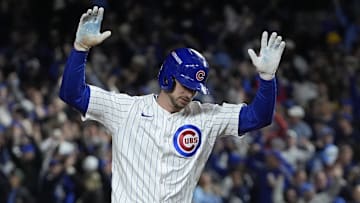 Oct 9, 2025; Chicago, Illinois, USA; Chicago Cubs right fielder Kyle Tucker (30) reacts after hitting a home run against the Milwaukee Brewers during the seventh inning for game four of the NLDS round for the 2025 MLB playoffs at Wrigley Field. Mandatory Credit: David Banks-Imagn Images
