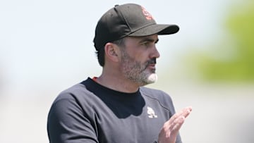 May 10, 2025; Berea, OH, USA; Cleveland Browns head coach Kevin Stefanski watches during rookie minicamp at CrossCountry Mortgage Campus. Mandatory Credit: Ken Blaze-Imagn Images