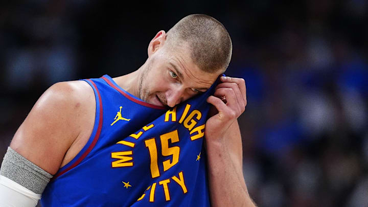 Apr 20, 2026; Denver, Colorado, USA; Denver Nuggets center Nikola Jokic (15) during the second half against the Minnesota Timberwolves during game two of the first round of the 2026 NBA Playoffs at Ball Arena. Mandatory Credit: Ron Chenoy-Imagn Images
