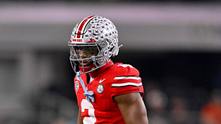 Dec 31, 2025; Arlington, TX, USA; Ohio State Buckeyes safety Caleb Downs (2) gets into position during the 2025 Cotton Bowl and quarterfinal game of the College Football Playoff at AT&T Stadium. Mandatory Credit: Jerome Miron-Imagn Images