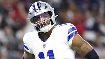 Nov 18, 2024; Arlington, Texas, USA;  Dallas Cowboys linebacker Micah Parsons (11) reacts during the first quarter against the Houston Texans at AT&T Stadium. Mandatory Credit: Kevin Jairaj-Imagn Images