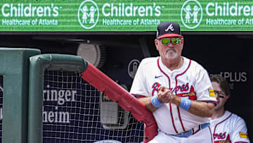 Jun 15, 2025; Cumberland, Georgia, USA; Atlanta Braves manager Brian Snitker (43) shown in the dugout against the Colorado Rockies during the second inning at Truist Park. Mandatory Credit: Dale Zanine-Imagn Images