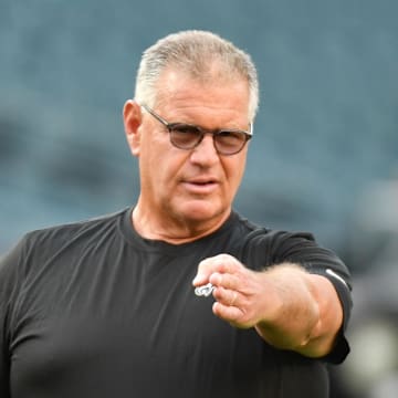 Philadelphia Eagles offensive line coach Jeff Stoutland during pregame warmups against the Cleveland Browns at Lincoln Financial Field. 