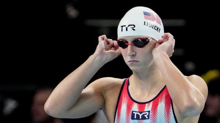 Jul 27, 2024; Nanterre, France; Katie Ledecky (USA) in the women’s 400-meter freestyle preliminary heats during the Paris 2024 Olympic Summer Games at Paris La Défense Arena. Mandatory Credit: Rob Schumacher-USA TODAY Sports