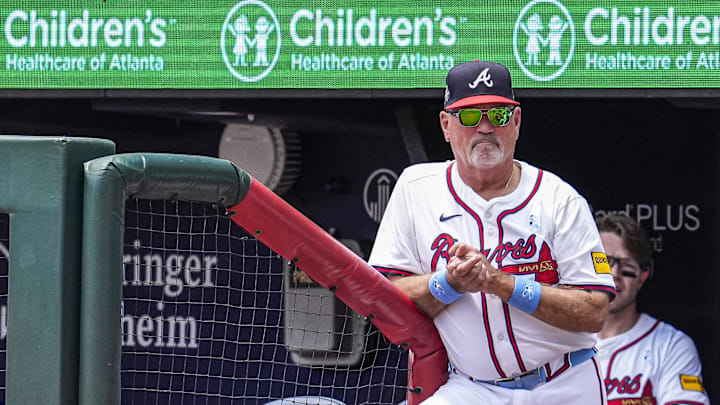 Jun 15, 2025; Cumberland, Georgia, USA; Atlanta Braves manager Brian Snitker (43) shown in the dugout against the Colorado Rockies during the second inning at Truist Park. Mandatory Credit: Dale Zanine-Imagn Images