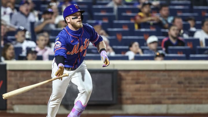 Jun 26, 2024; New York City, New York, USA;  New York Mets center fielder Harrison Bader (44) hits an RBI double in the fifth inning against the New York Yankees at Citi Field. Mandatory Credit: Wendell Cruz-USA TODAY Sports