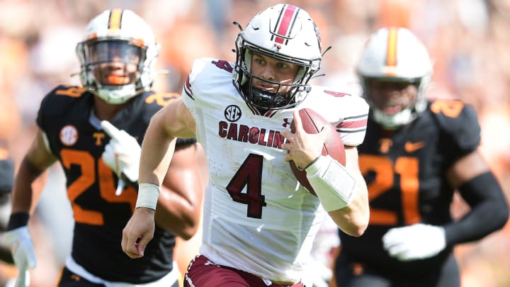 South Carolina quarterback Luke Doty (4) runs the ball down the field during an NCAA college football game between the Tennessee Volunteers and the South Carolina Gamecocks in Knoxville, Tenn. on Saturday, Oct. 9, 2021.

Kns Tennessee South Carolina Football