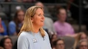 Mar 28, 2025; Birmingham, AL, USA; North Carolina head coach Courtney Banghart can’t believe a call by an official at Legacy Arena in the Sweet 16. Duke advanced to the Elite 8 with a 47-38 victory. Mandatory Credit: Gary Cosby Jr.-Tuscaloosa News
