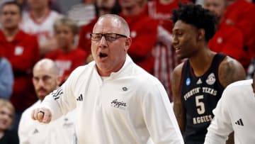 Mar 22, 2024; Memphis, TN, USA;  Texas A&M Aggies head coach Buzz Williams calls out to his team during the first half of the game against the Nebraska Cornhuskers in the first round of the 2024 NCAA Tournament at FedExForum. Mandatory Credit: Petre Thomas-USA TODAY Sports