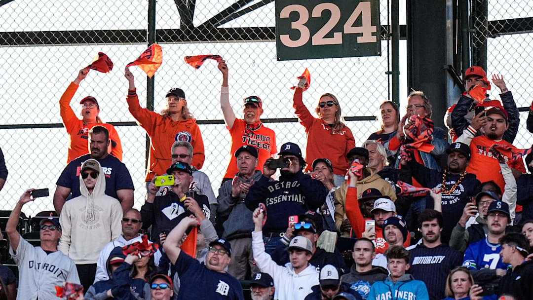 Detroit Tigers fans cheer on against Seattle Mariners during the ninth inning of ALDS Game 4 at Comerica Park in Detroit on Wednesday, Oct. 8, 2025.