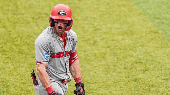 Jun 7, 2026; Athens, GA, USA; Georgia Bulldogs catcher Daniel Jackson (3) reacts after hitting a two run home run against the Mississippi State Bulldogs during the tenth inning at Foley Field. Mandatory Credit: Dale Zanine-Imagn Images