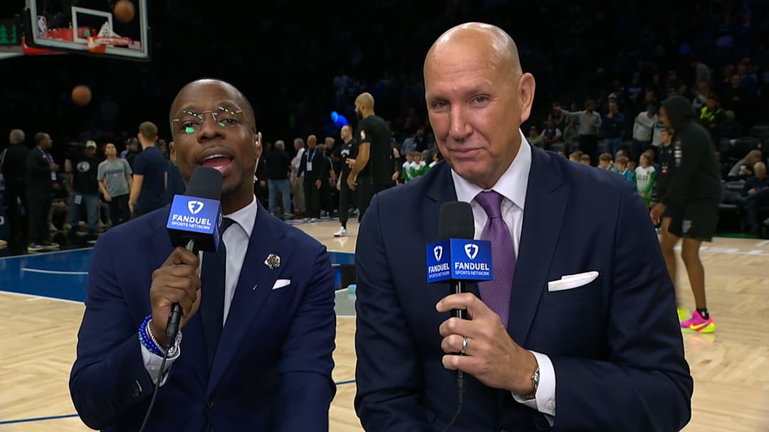 Michael Grady and Jim Petersen calling a Timberwolves game for FanDuel Sports Network North. 